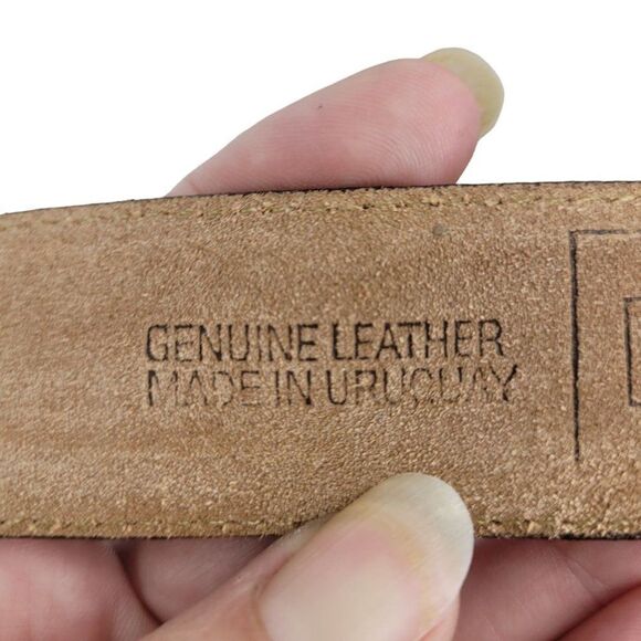 Vintage 80's Ritz Leather Belt S Brown Hieroglyphic Symbol Beads Brass Buckle - Picture 11 of 13